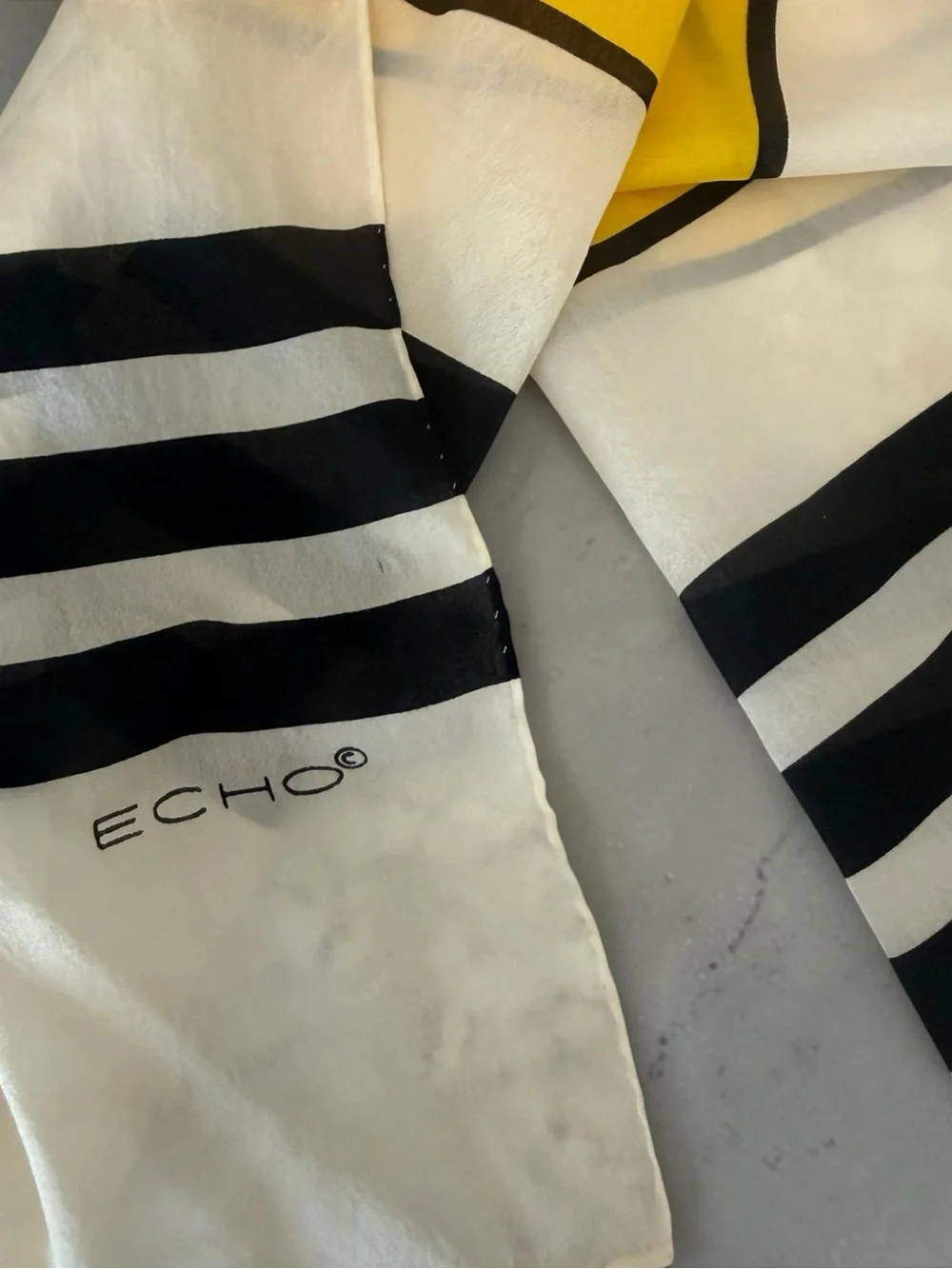 Vintage Echo Yellow, Black & White Striped Silk Scarf
